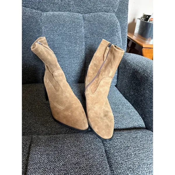 ZARA Tan‎ Suede Block Heel Ankle Boots Side Zip Pointed Toe Women Size 40 - Image 2