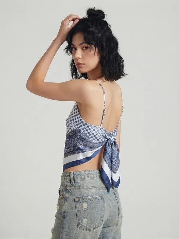 Zara Paisley Scarf Print Tie Back Handkerchief Cami Top Blue White XS-S NWT - Image 7