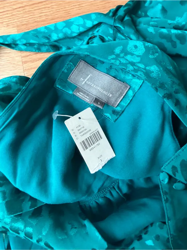 NWT Anthropologie Halter Neck Jacquard Mini Dress Teal Removable Belt Large - Image 4