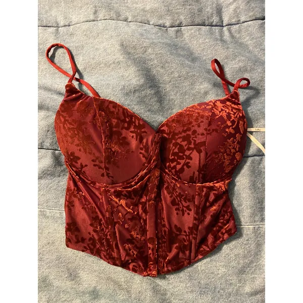 NWT Lulus Burgundy Velvet Floral Corset Top Bustier Hook-Eye Front Size XS - Image 2