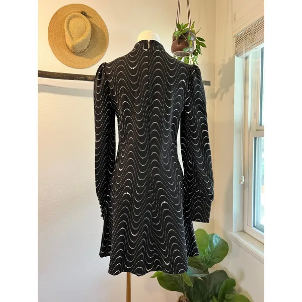 Kate Spade Black Long Puff Sleeve Mod Wavy Pink Dot Print Mini Dress Size Small - Image 7