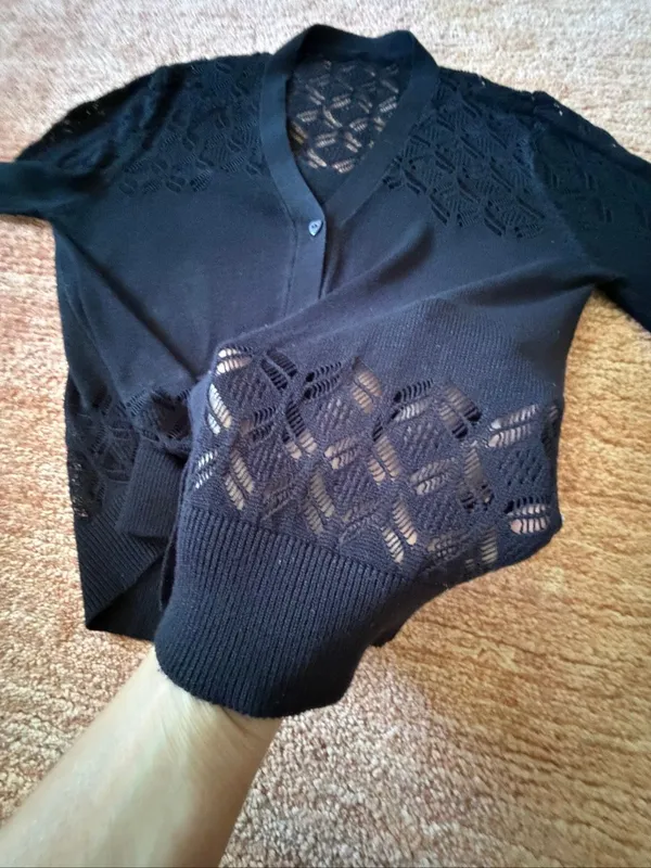 Black Lace Openwork Knit Cardigan 3/4 Sleeve Button Front Fitted Sweater - Image 4