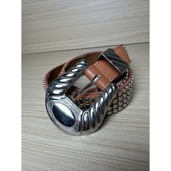 Vintage Statement Belt Womens A. Taylor Tan Silver Buckle Medium Studded‎ - Image 7