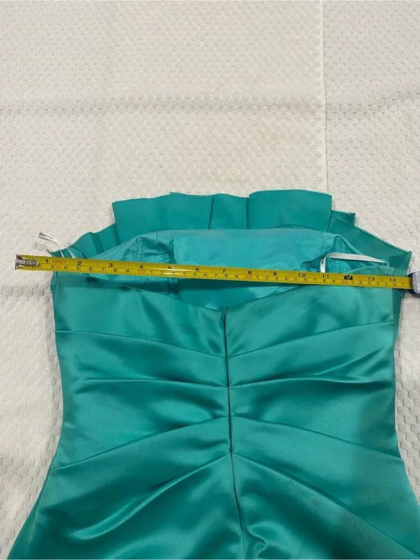 Phoebe Couture Strapless Teal Satin Sheath Dress - Image 4
