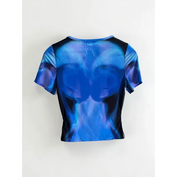 White Fox Boutique Blue Cyber Graphic Baby Tee Short Sleeve Crop Top Small‎ - Image 2
