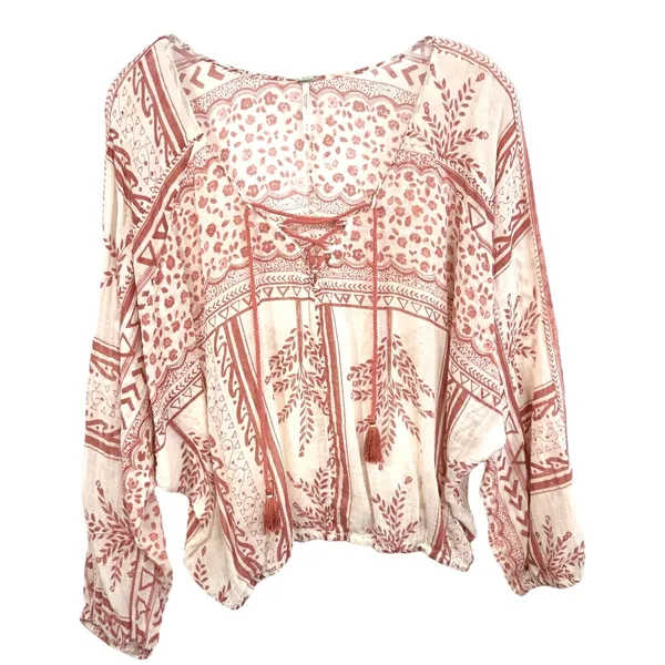 Free People Medium Tunic Top Blouse Floral Print Lace Up Bohemian Boho‎ 1254 - Image 2