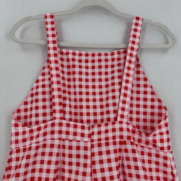 Red Pink Gingham Wide Leg Overall Jumpsuit Women L Button Hem Cottagecore Picnic - Image 4