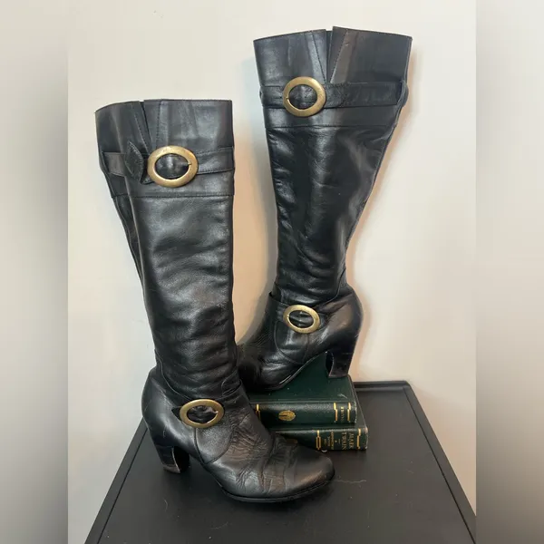 Black Leather Knee-High Vintage Boots YES Shoes biker vintage rockabilly - Image 2