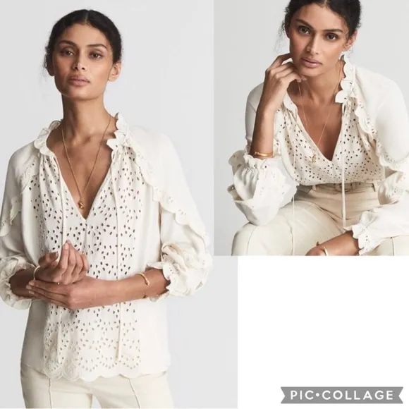 REISS Flora Broderie Scalloped Sleeves Ivory Cream Top Blouse 4 - Image 2