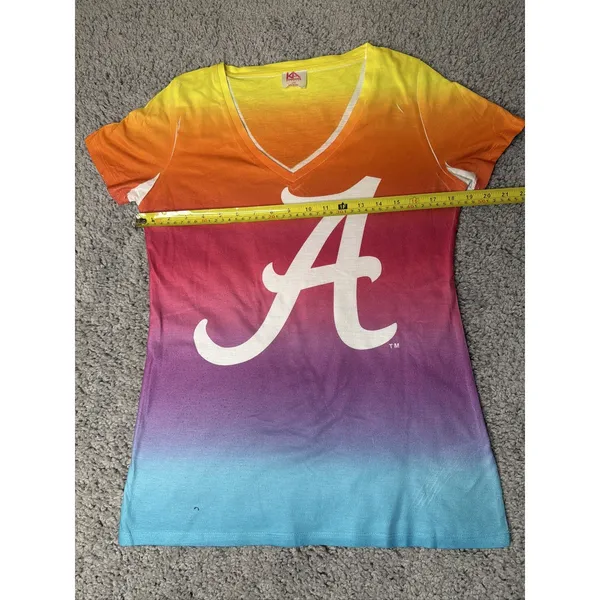 Alabama Crimson Tide Women's Large Rainbow Ombre Tie Dye V-Neck T-Shirt - Image 4
