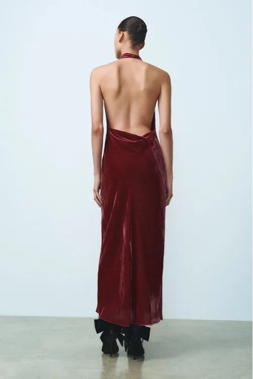 Zara maxi holiday dress velour Velvet Halter in Burgundy wedding party evening - Image 13