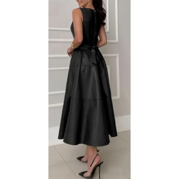 CHARTOU Women PU Faux Leather Sleeveless Elegant Flowy Long Dress Size Small - Image 3