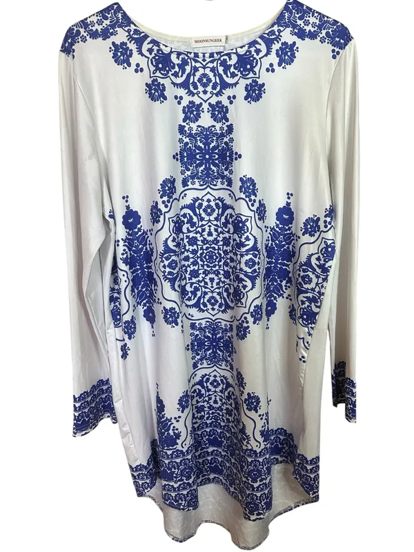 White Long-Sleeve Porcelain Style Baroque & Mandala Printed Tunic Dress - Image 2