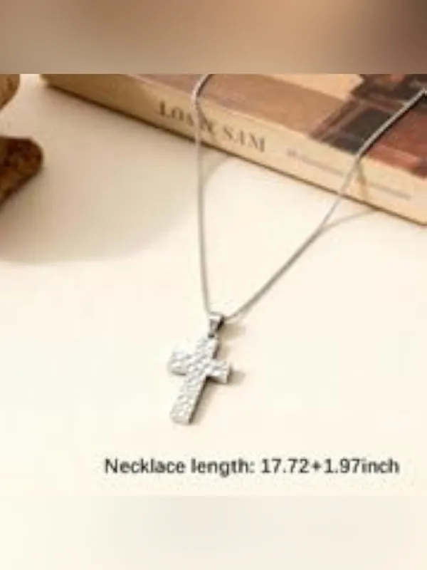 Silver Tone Box Chain Necklace Pavé CZ Cross Pendant Adjustable 17.72" - Image 4