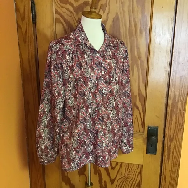 Vintage Paisley Button Up Blouse Boho Retro Long Sleeve Top Size L Relaxed Fit - Image 6