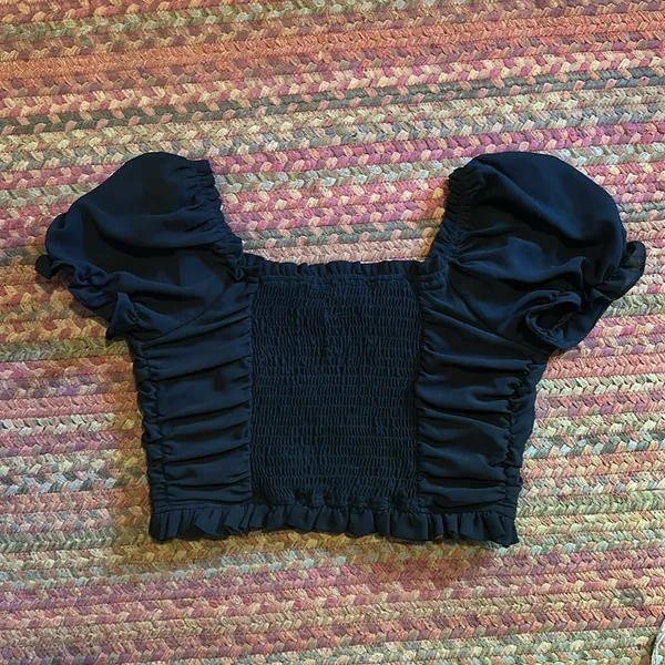 Papaya Sexy Black Ruched Lace Up Cap Sleeve Crop Top - Image 4