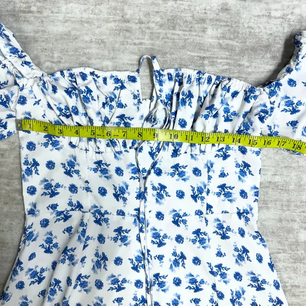 Kutumai Women Medium Blue White Floral Maxi Dress Off Shoulder Milk Maid Cottage - Image 2