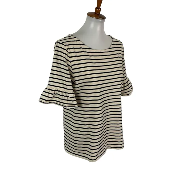 J Crew Factory Top Small Black Tan Striped Bell Sleeve Preppy Casual - Image 3