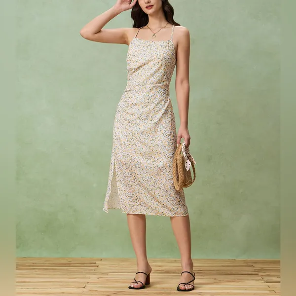 Rihoas Yellow Floral Ruched Slip Midi Dress - Image 3