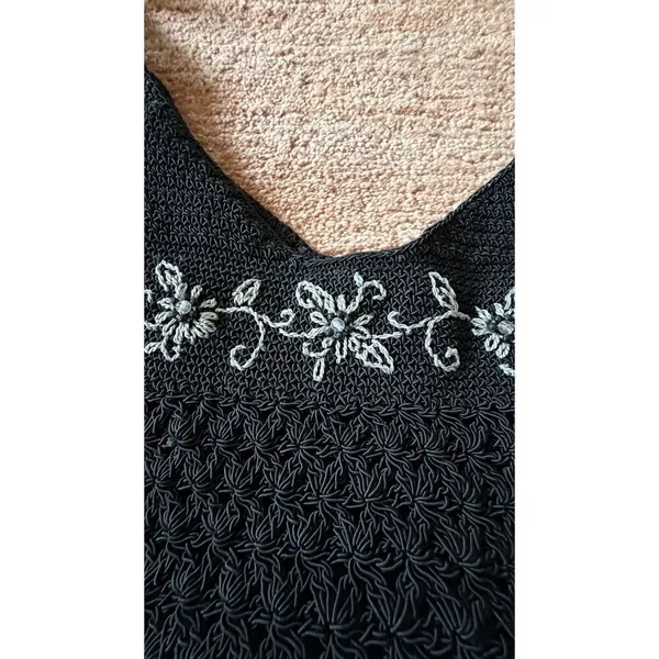 Black Crochet Shoulder Bag with Floral Embroidery - Image 2