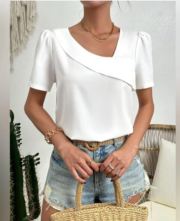 NEW Elegant Asymmetrical Neck Puff Sleeve Blouse Short Sleeve Blouse Top M - Image 5