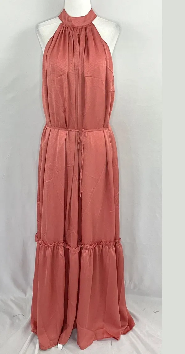 New One One Six Open Back High Neck Sleeveless Tiered Maxi Dress Clay Size Large - Image 3