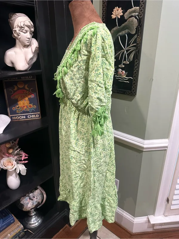 Three Stars Boho Embroidered Fringe Mini Dress – Bright Green Floral – Size S/M - Image 8