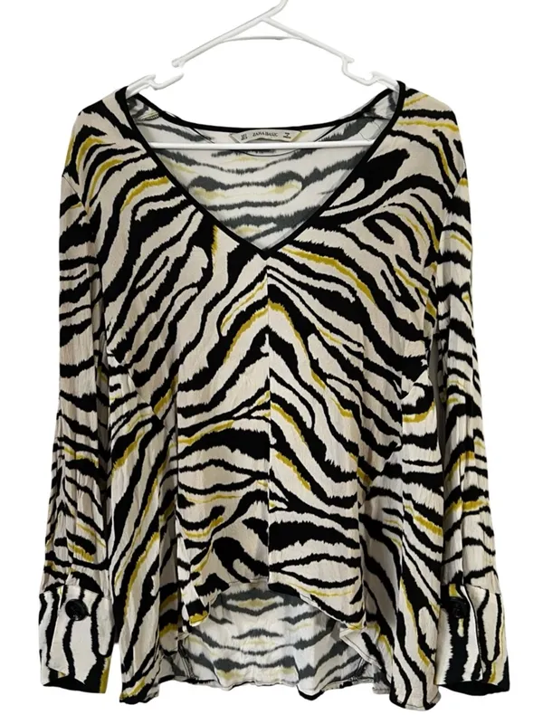 Zara Basic Zebra Print V Neck Shirt Animal High Low Long Sleeve Flowy Top Size S - Image 2