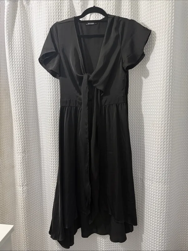 BTFBM Satin Black V Neck Tie Front Midi A-Line Maxi Dress Size Medium - Image 2