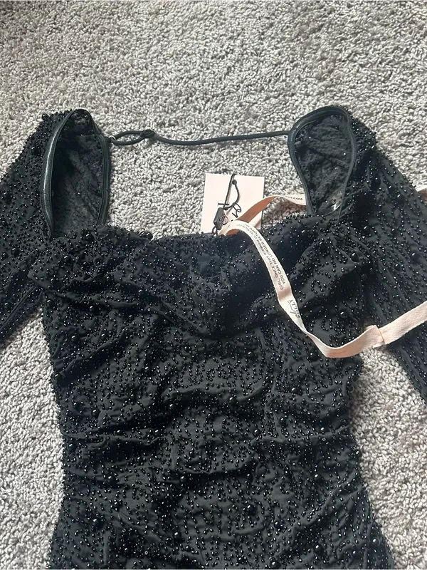 Oh Polly Black Beaded Long-Sleeve Mini Dress - Image 4
