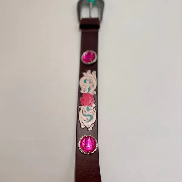American Bison Large Brown Leather Western Belt Pink Conchos Floral Accent NWT - Image 5