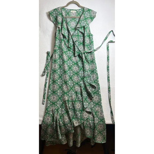 Max Studio Green Mandala Print Ruffle Faux Wrap Maxi Dress Large - Image 4