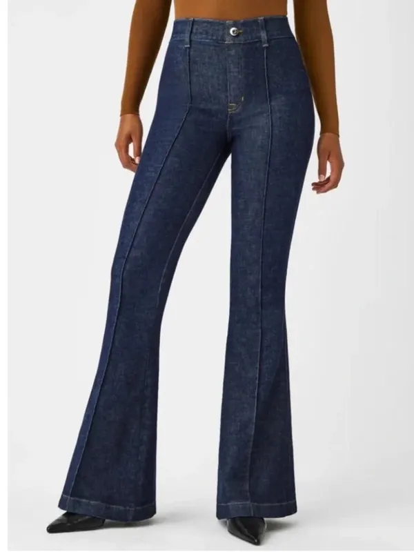 SPANX • Pintuck Flare Jeans pull on high rise bell bottom Raw Indigo dark wash - Image 8