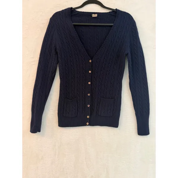 J.Crew Navy Blue Cable Knit Cardigan Merino Wool Angora Cashmere Blend‎ M - Image 2
