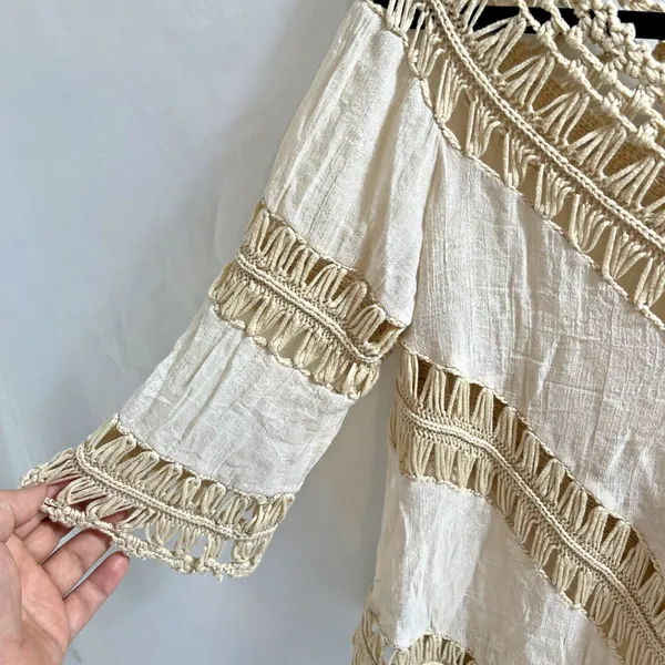 Papermoon Crop Top Women's Small Beige Macramé Style Cotton Style 3/4 Sleeves - Image 4