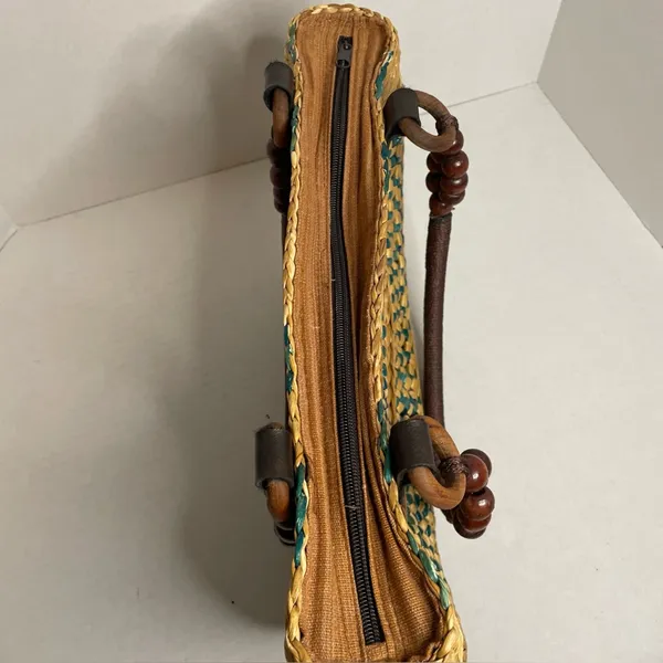 Brown Tan Teal Woven Straw Women’s Purse Handbag Wood Bead Accents Boho Beach - Image 12