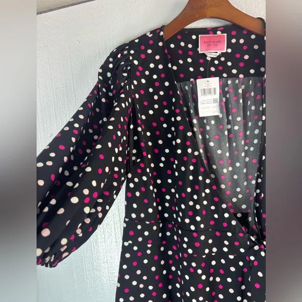 Kate Spade L Drop Waist Wrap Black and Pink Polka Dot Dress - Image 9