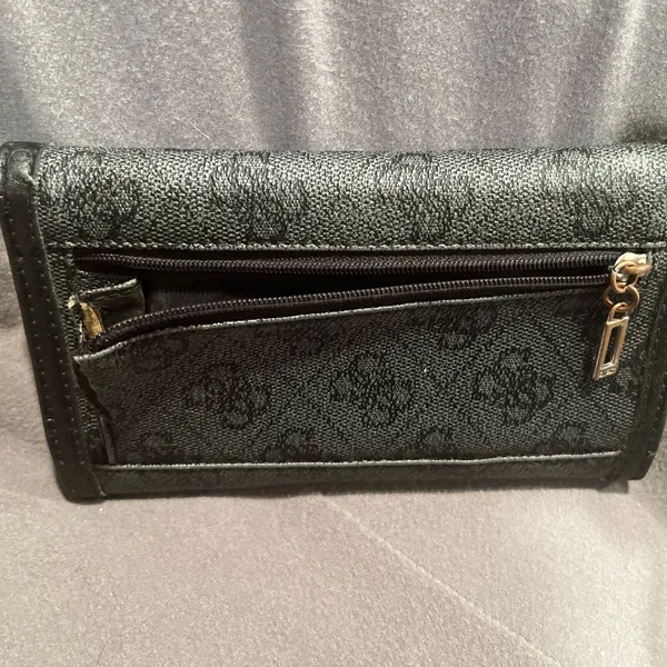 GUESS Trifold Wallet Black Charcoal Logo Pattern Canvas Snap Closure - Image 3