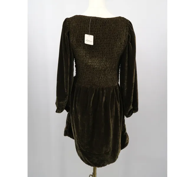 Free People Brown Bear Velvet‎ Smocked Mini Dress Long Sleeve Small - Image 4