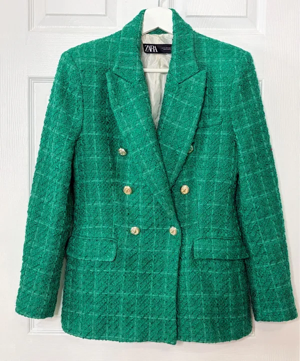 ZARA Green Bouclé Tweed Double Breasted Blazer Gold Button Quiet Luxury Preppy M - Image 2