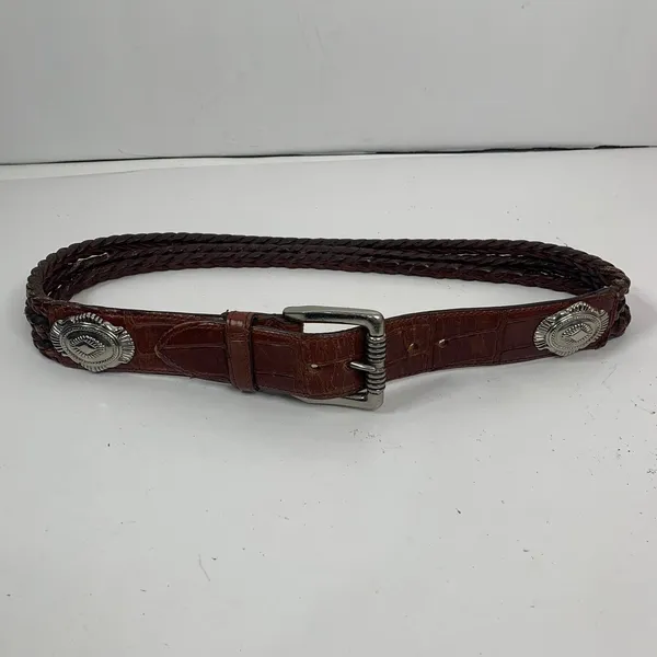 Brown‎ Leather Size M Croc Embossed Braided Belt Silver Tone Heavy Buckle Concho - Image 2
