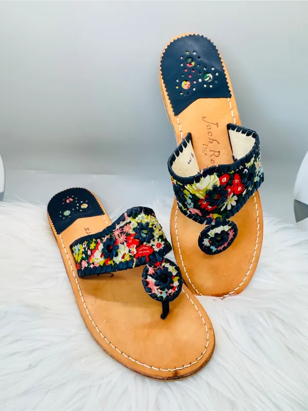 Jack Rogers Jacks Flat Sandal Multicolor Floral Trim leather boho western Indy - Image 2