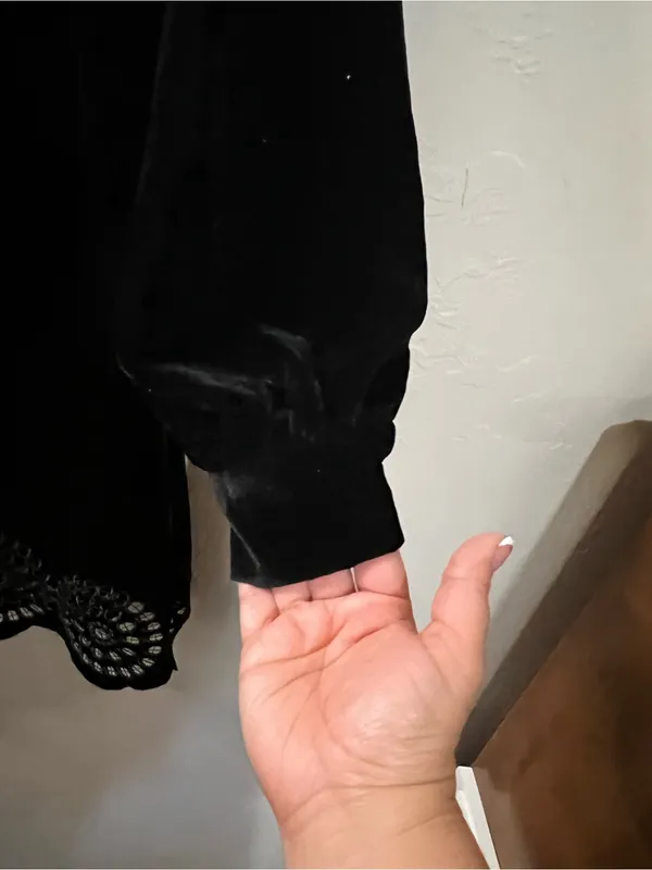 Zara Black Velvet Button Front Scalloped Eyelet Hem Flowy Mini Whimsy Goth Dress - Image 5