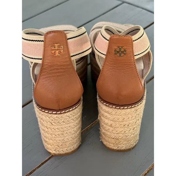 Tory Burch Pink Beige Striped Strappy Wedge Platform Slip-On Sandals Size 7M - Image 7
