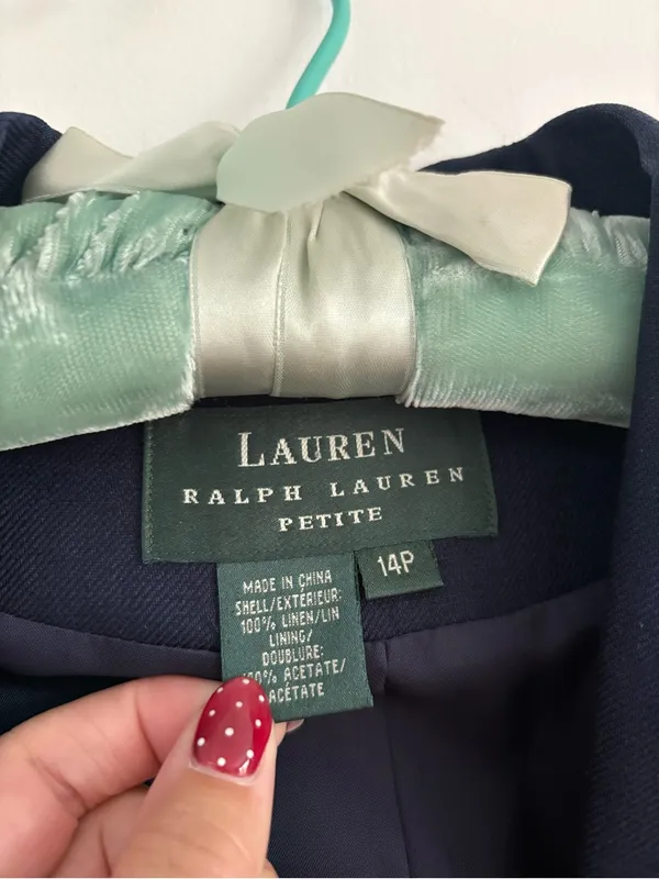 Lauren Ralph Lauren Linen Navy White Stripe Blazer Jacket Size 14 Petite - Image 2