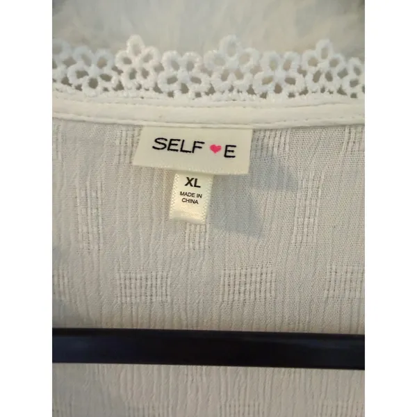 Selfie White Crochet Lace‎ Trim Smocked Waist Blouse XL Long Sleeve Boho Top - Image 2