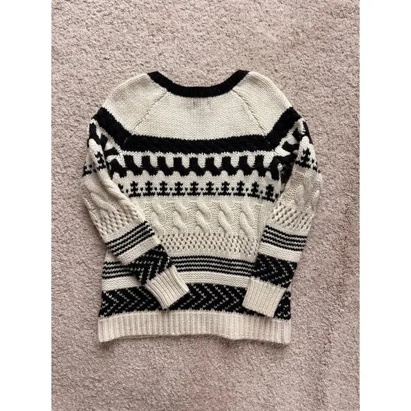 American Eagle Fair Isle Chunky Cable Knit Wool Blend Sweater Cream Black XS - Image 5