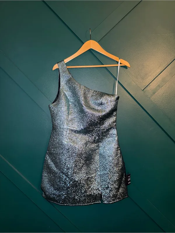 Modern Dream Teal Metallic Jacquard One-Shoulder Mini Party Dress - Image 2