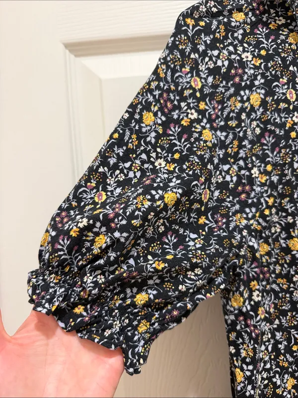 Madewell Floral Ruffle Neck Short Sleeve Dress Black Multicolor Medium Mini - Image 10