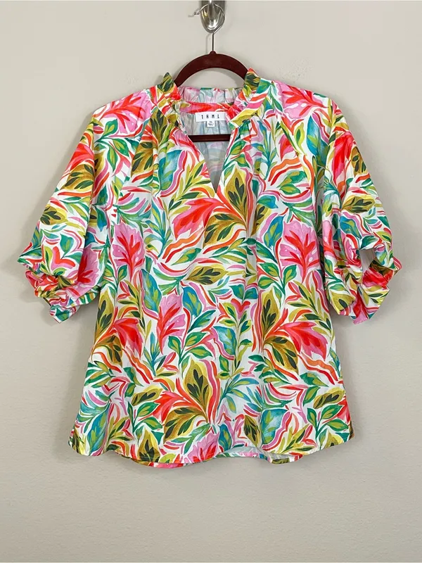 THML Floral Tropical Puff Sleeve Ruffle V Neck Top Size XL - Image 2